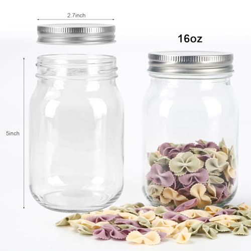 2 Pack 16 oz Clear Glass Mason Jars with Lids - HOXHA