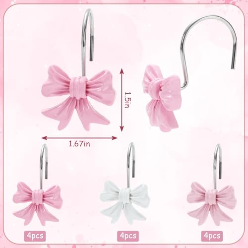 FYSUIMU 12Pcs Decorative Shower Curtain Hooks - Pink & White Bow