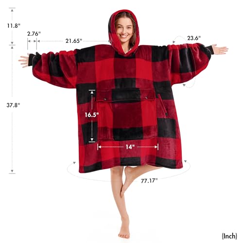 Narecte Cozy Oversized Wearable Hoodie Blanket for Adults - Red Plaid