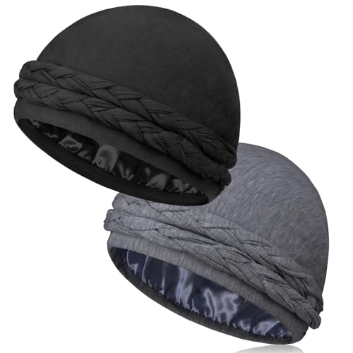 2 Pcs Satin Lined Turban Silky Head Wraps for Men with Long Twist Straps, Halo Turban Mens Turban Head Scarf for Hair