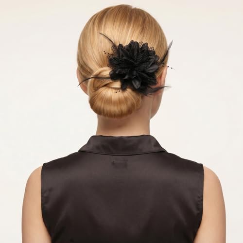 Black Rose Flower Hair Clip and Brooch with Feathers and Mesh