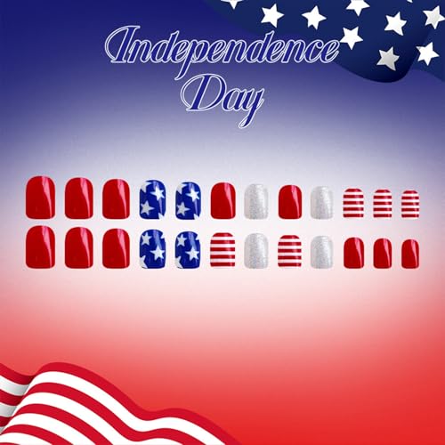 4th of July Press on Nails Short Square Silver Glitter Fake Nails