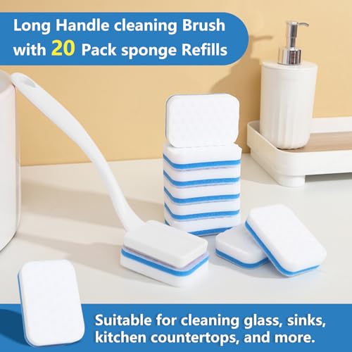 BAISENJIE White Magic Sponge Eraser Brush with Handle & 20 Replacement Pads - Reusable Cleaning Sponges