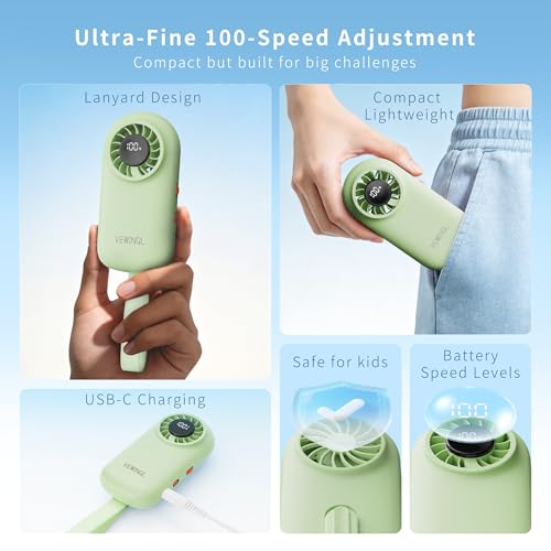 VEWINGL Mini Handheld Fan, USB-C Rechargeable with 100 Speeds - Green