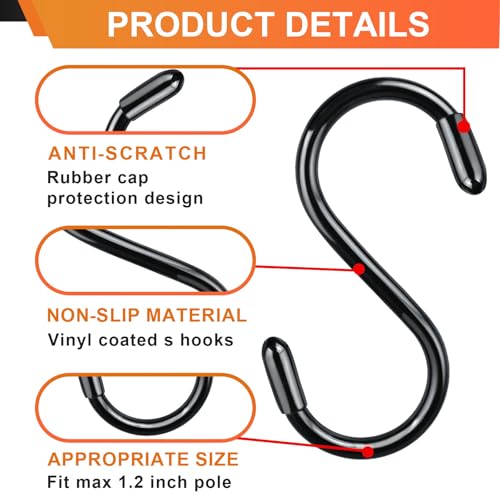 12 Pack Heavy Duty Vinyl Coated 3 Inch S Hooks for Closet, Kitchen & Garden - Black