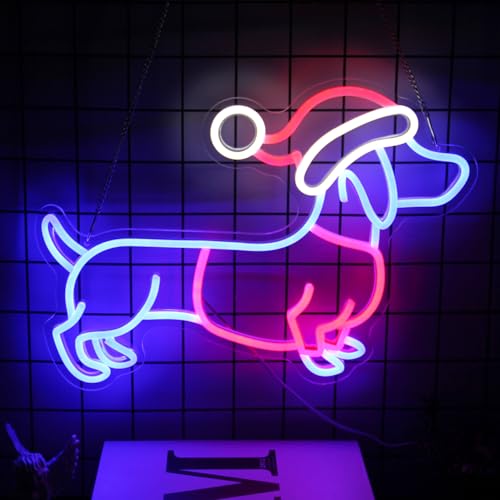 Blue Red White Dachshund Neon Sign with Christmas Hat LED Wall Light for Party Decor