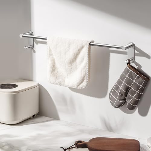 24 Inch Brushed Nickel Towel Bar, No-Drill Adhesive Rack with 2 Hooks