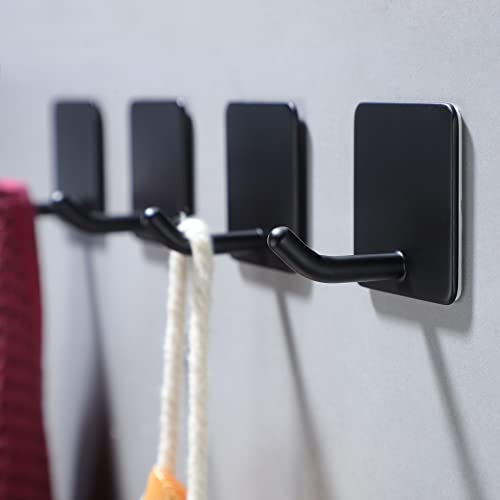YIGII Adhesive Towel Hooks, Matte Black Stainless Steel Wall Hooks (4 Pack)