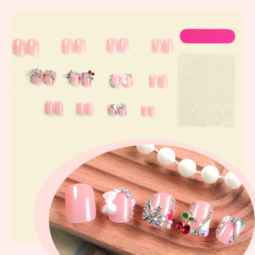 Pink Press on Nails Short Square False Nails with Rhinestones and Butterfly Charms 24Pcs