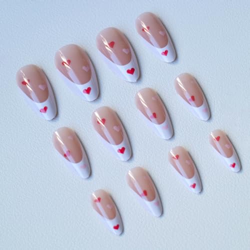 Valentine Long Almond Press On Nails with White French & Red Hearts