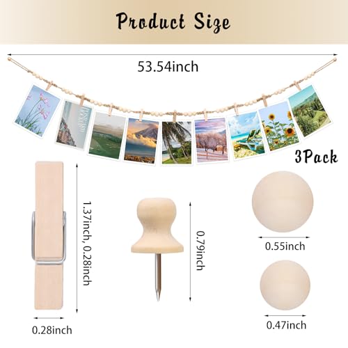 Boho Hanging Photo Display with Clips - 3 Pack Wooden Bead Garland