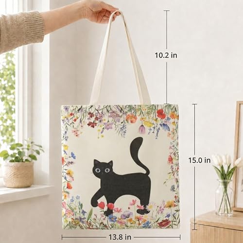 Qirrmiy Canvas Tote Bag for Women with Zipper Pocket - Floral & Cat Design