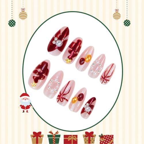 GRITOSE Pink Christmas Press on Nails Medium Almond 3D False Nails with Pearls & Glitter
