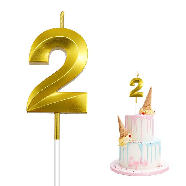 Gold Number 2 Birthday Candle for Cake Decorations