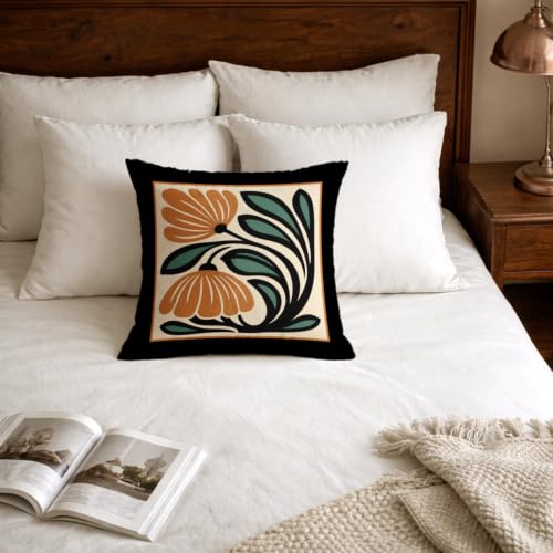Boho Burnt Orange & Green Floral Pillow Cover 18x18 - White Flower 3