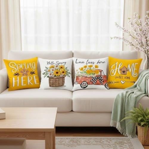 Yellow Daisy Pillow Covers 18x18 Inch Set of 4 Velvet Home Decor Spring Summer