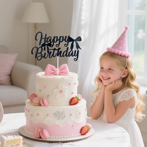 Elegant Black Glitter Bow Birthday Cake Topper for Girls