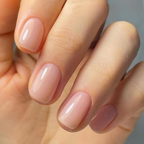 Short Square Press On Nails Glossy Nude Fake Acrylic Nails 48 Pieces