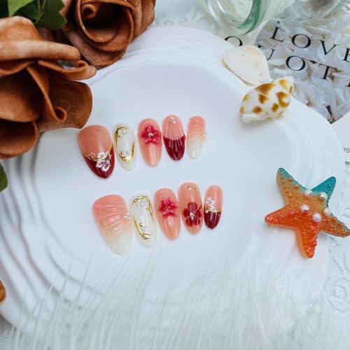 3D Floral Press On Nails Short Almond False Nails French Tip Acrylic