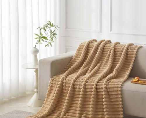 COZYXWORLD 380GSM Heavyweight Ribbed Fleece Throw Blanket, Beige 50x60