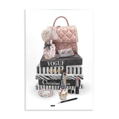 Stupell Industries Fashion Bookstack Purse Perfume Pink Glam Design