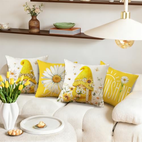 MODOVOS Spring Summer Floral Daisy Gnomes Throw Pillow Covers Set of 4