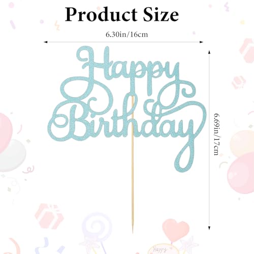 Light Blue Happy Birthday Cake Topper - Elegant Glitter Design
