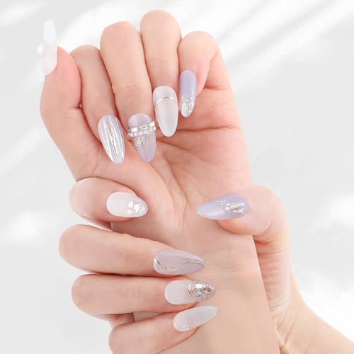 Yacey Handmade Short Almond Press On Nails Purple 3D Pearl Acrylic