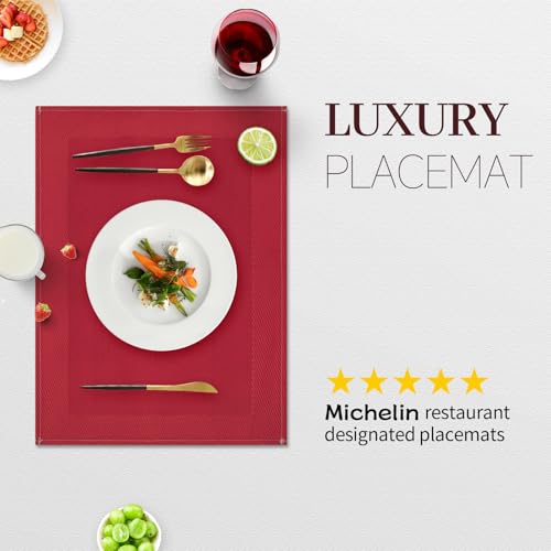 Red Placemats Set of 4 - 12x18 Inch Faux Linen Table Mats - Carethos
