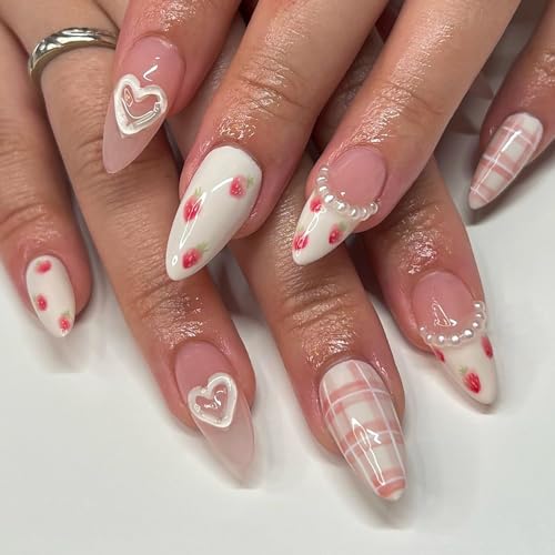 Long Almond Press on Nails Strawberry Pearl Design Glossy Fake Nails 24Pcs