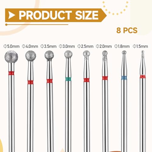 8Pcs Russian Diamond Nail Drill Bits 3/32" Ball Head Cuticle Cleaners