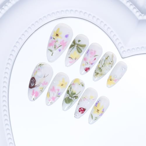 Press On Nails Medium Almond Floral False Nails with 3D Pearls
