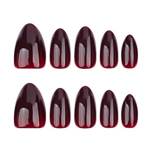 Dark Red Short Almond Press on Nails Glossy Solid Color False Acrylic Nails 30 Pcs