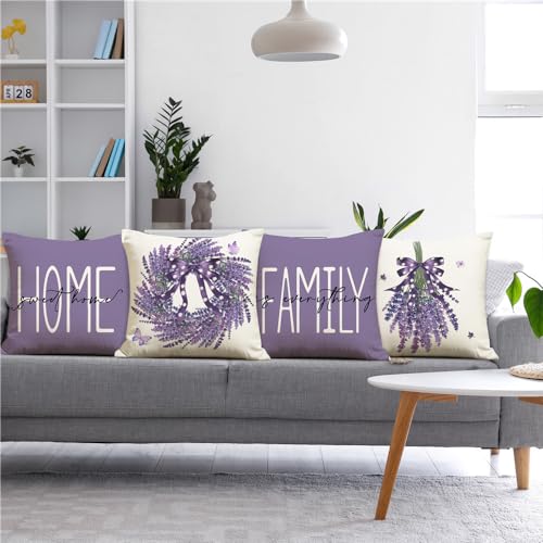 Set of 4 Lavender Wreath Pillow Covers 18x18 - Spring Home Decor