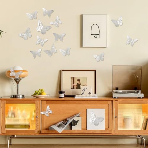 48 Pcs Silver 3D Butterfly Wall Decor Stickers for Crafts and Cake Toppers
