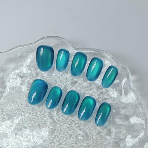 Cat Eye Press On Nails Handmade Short Oval False Nails with French Tip