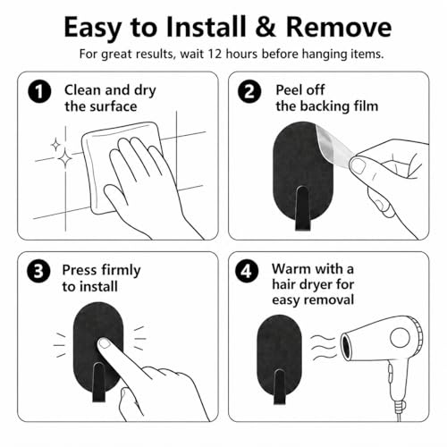 Black Adhesive Wall Hooks - 12 Pcs Minimalist No-Drill Metal Hooks