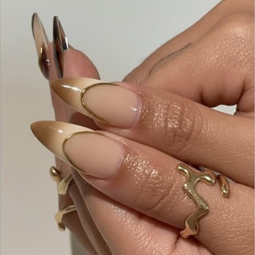 Long Almond Press on Nails Luxury False Nails with Floral Design & Gold Accents 24pcs
