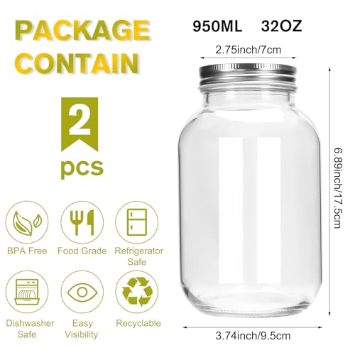 32oz Mason Jars with Lids - 2 Pack Glass Canning Jars for Food Storage