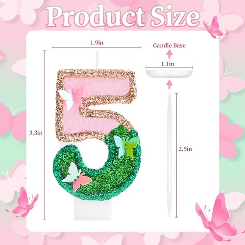 Ritzephyria Butterfly Number 5 Birthday Candle Pink & Green Glitter Cake Topper