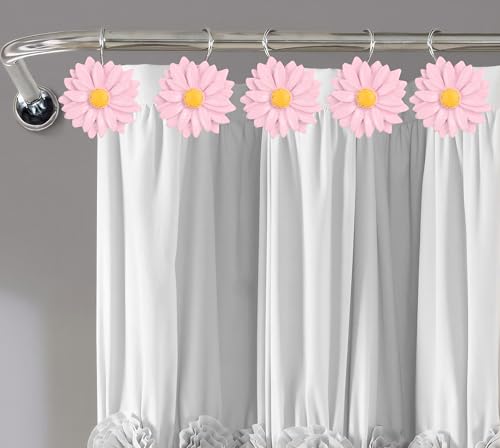 Pink Daisy Flower Shower Curtain Hooks - 12-Piece Anti-Rust Stainless Steel