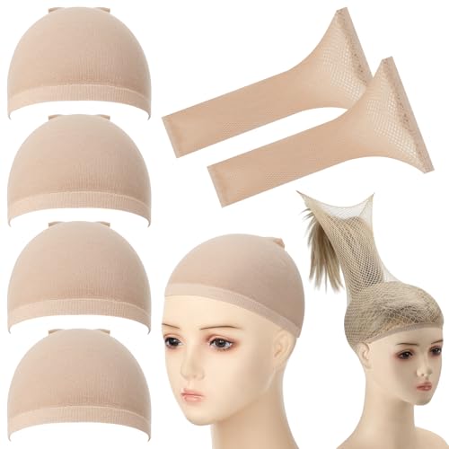 Beige 6-Pack Mesh Wig Caps for Long and Short Hair Nylon Hairnets