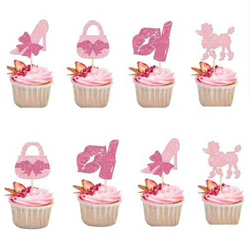 Glitter Pink Princess Cupcake Toppers - 30 PCS Party Decorations