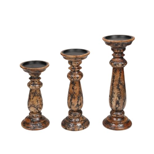 Natural Wooden Candle Holder Set of 3 - Tall Graduated Pillar Stands with Rustic Finish - 10, 12, 14 Inches