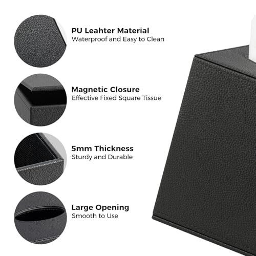 Black PU Leather Square Tissue Box Cover - Figella