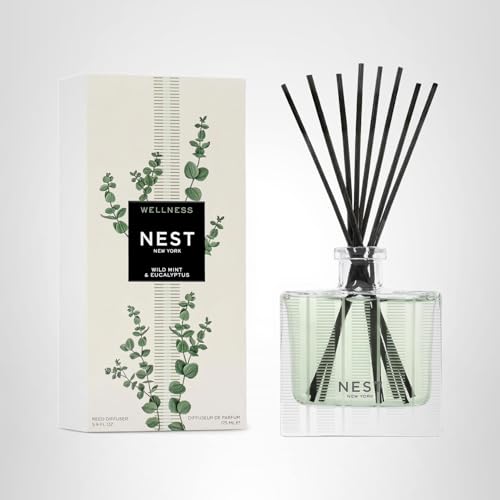 NEST New York Reed Diffuser, Wild Mint & Eucalyptus - 5.9 fl oz - Fragrance for Up to 90 Days - Reusable, Refillable Glass Holder - Includes 8 All-Natural Reed Sticks - Flame Free