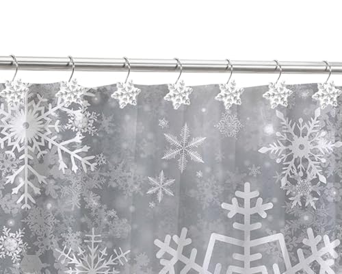 CHICTIE Silver Snowflake Shower Curtain Hooks, Decorative Holiday Rings (12)