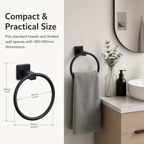 Matte Black Stainless Steel Towel Ring - 180° Rotatable Holder
