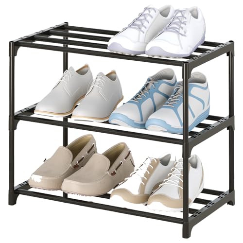Metal Stackable Small Shoe Rack - 3-Tier Kids Organizer (Black)