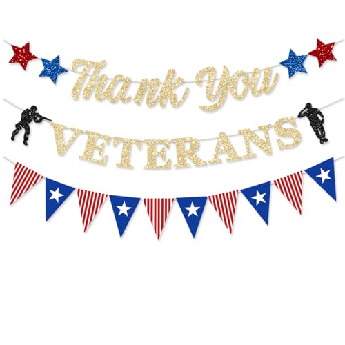 Thank You Veterans Banner Gold Glitter Patriotic Party Decorations